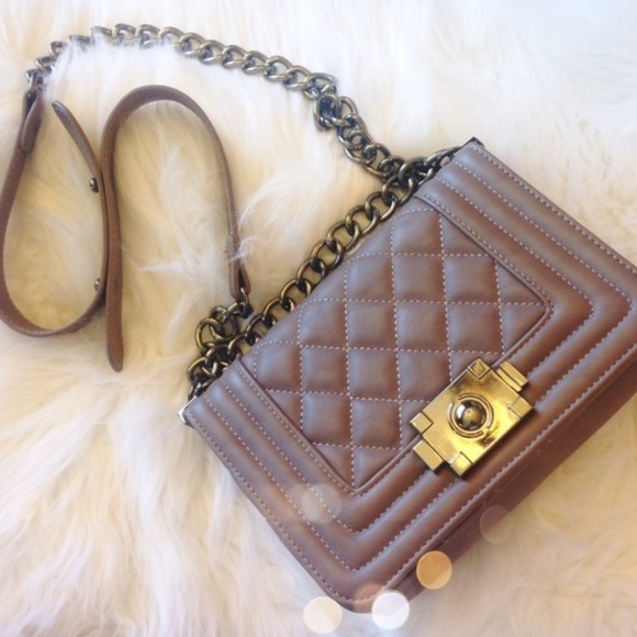 Quilted Tan Chain Shoulder Boy Bag Vegan Leather